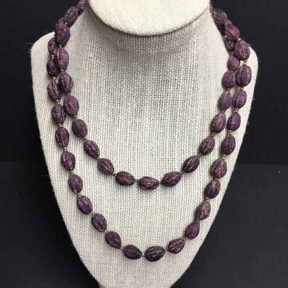 Real Seed Bead Necklace Long Purple Gold Brown Retro Organic BoHo - Picture 1 of 5